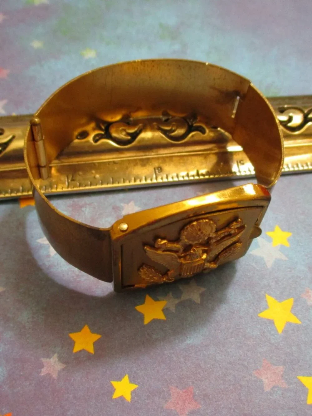 WWII US ARMY Hidden Locket Bracelet: Gold Matte Metal Hinged Military Cuff~ RARE